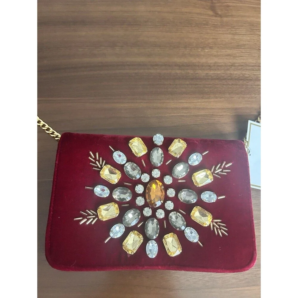 Shiraleah Burgundy Beaded Embroidered Starburst clutch Bag Gold Chain Strap new